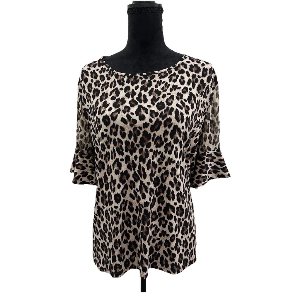 Vince Camuto Womens XL Top Leopard print brown ruffle short sleeve Pullover
